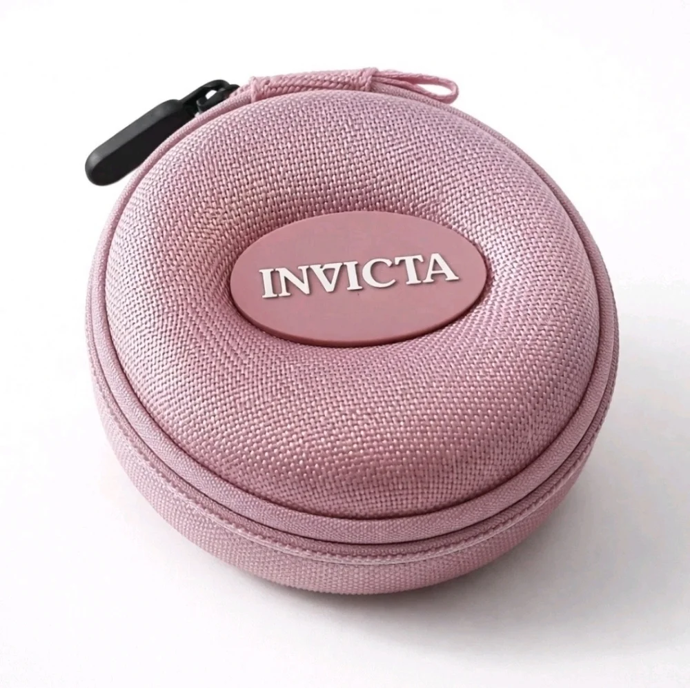 NEW Invicta Logo Pink Textured Round Single Watch Zipper Travel Case